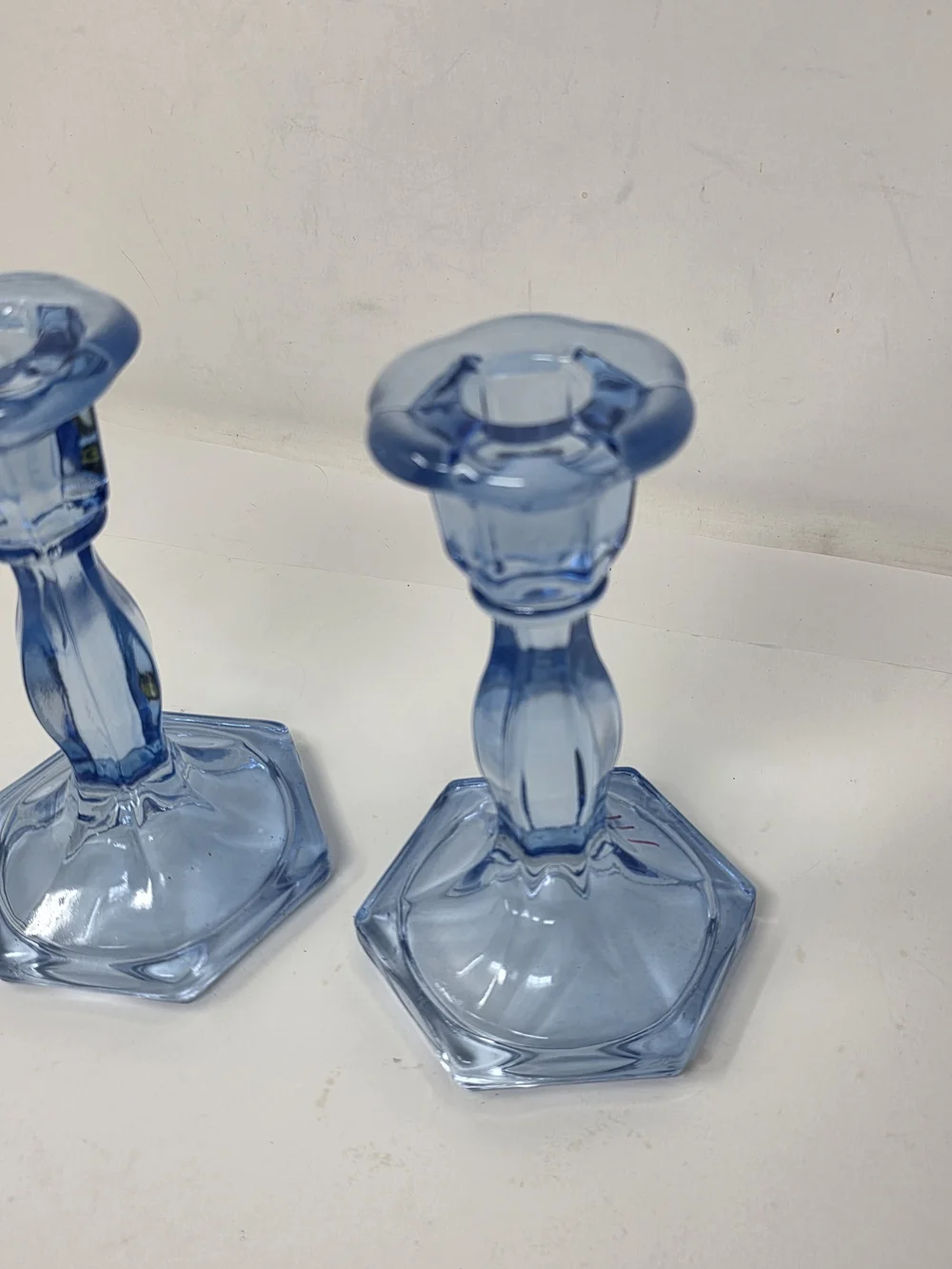 Vintage Blue Glass Candlestick Holders Pair Hexagon Base Taper Candle Shabby 6